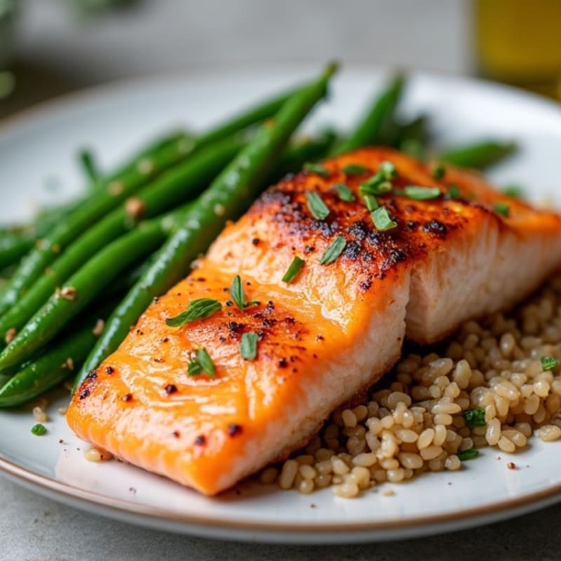 Seared Salmon Fillet with Garlic Green Beans and Brown Rice