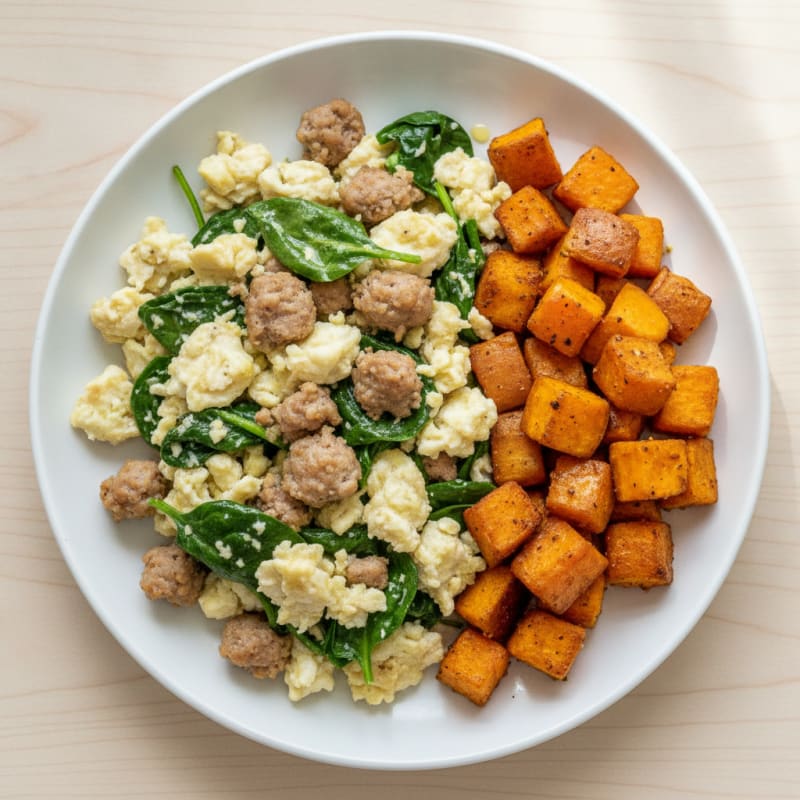 Egg White and Turkey Sausage Scramble with Spinach and Roasted Sweet Potatoes