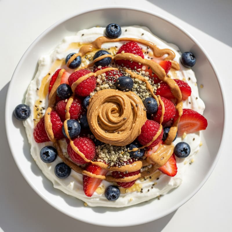 Greek Yogurt Protein Parfait with Almond Butter and Mixed Berries