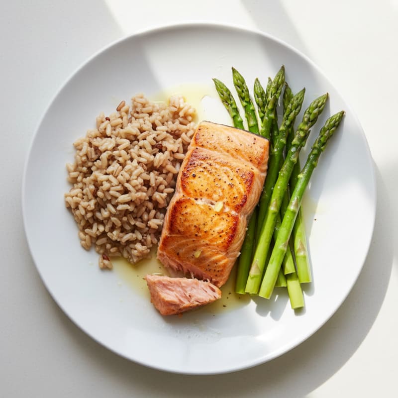 Seared Salmon Fillet with Steamed Asparagus and Brown Rice