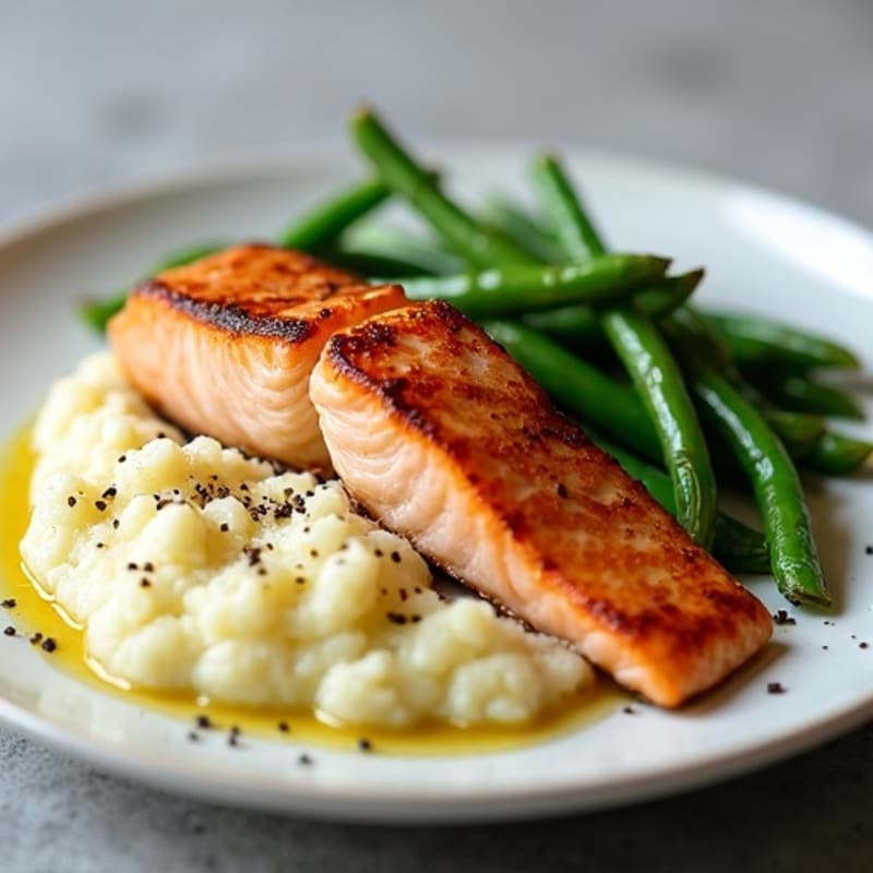 Seared Salmon with Steamed Green Beans and Cauliflower Mash