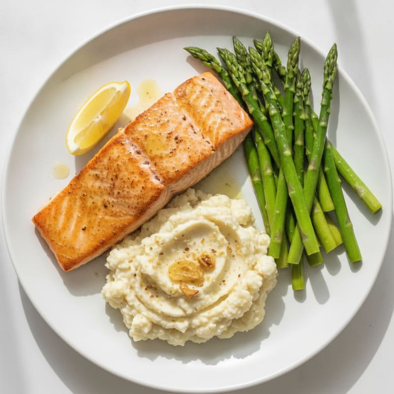 Seared Salmon with Steamed Asparagus and Garlic Mashed Cauliflower