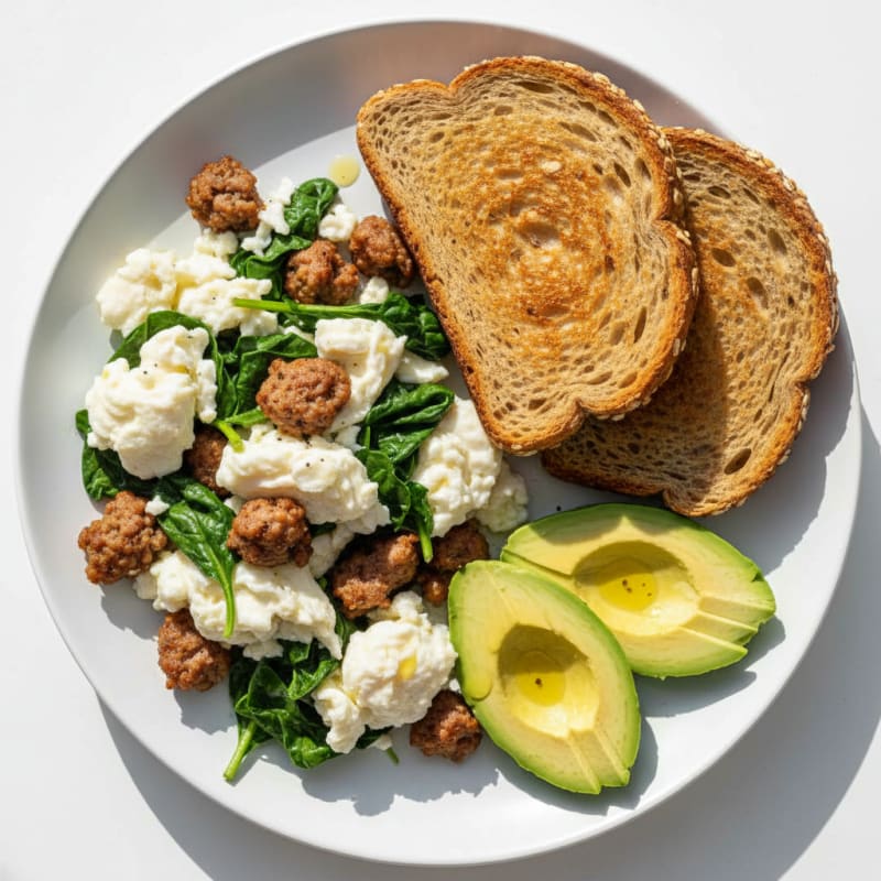 Egg White Scramble with Turkey Sausage and Sautéed Spinach