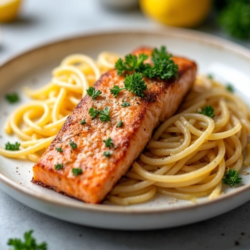 Pan-Seared Salmon with Creamy Lemon Garlic Whole Wheat Pasta