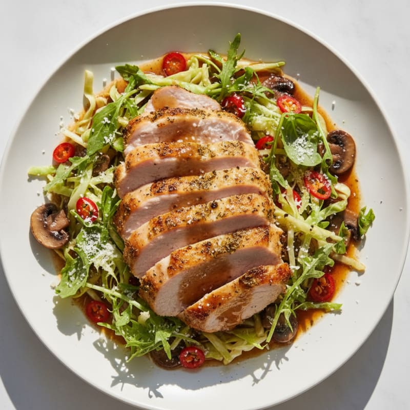 Roasted Turkey Breast with Sautéed Mushrooms and Cabbage