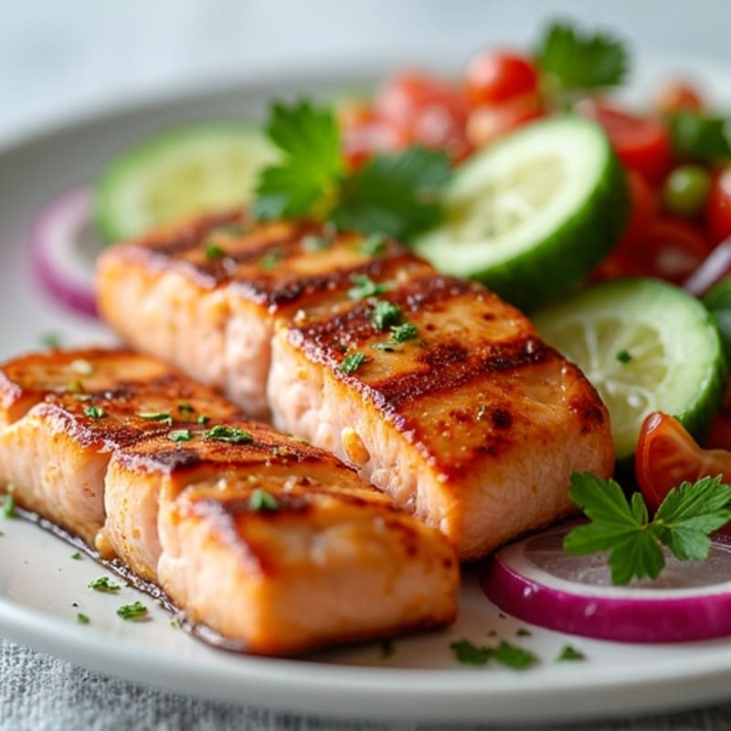 Grilled Salmon with Crunchy Cucumber Tomato Salad