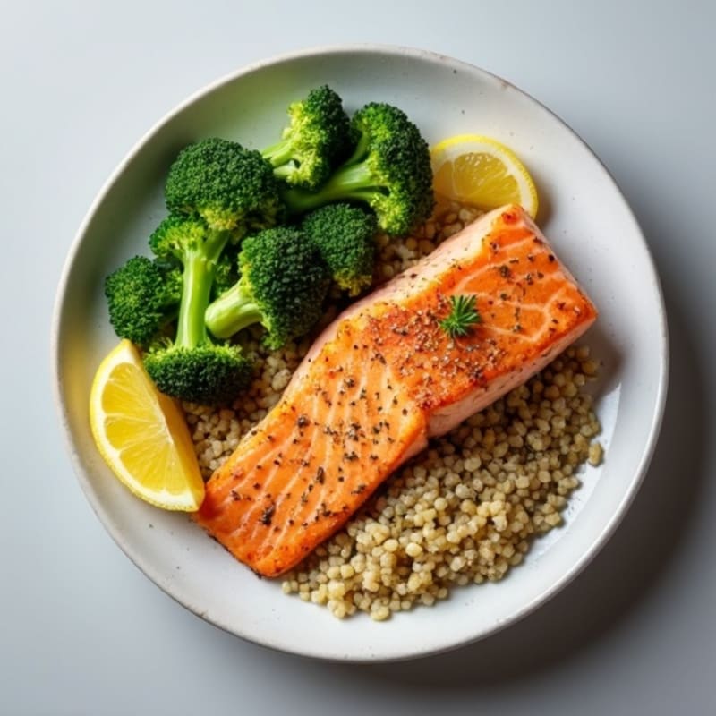 Seared Salmon with Steamed Broccoli and Quinoa