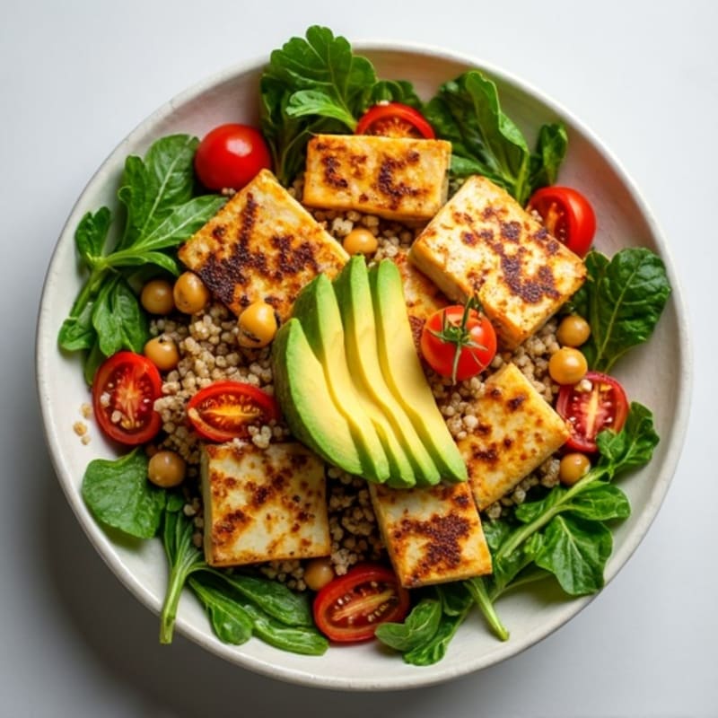 Seared Tofu and Chickpea Power Salad with Avocado