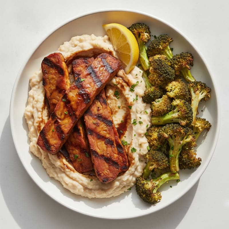 Grilled Tempeh with Roasted Broccoli and Garlic White Bean Mash