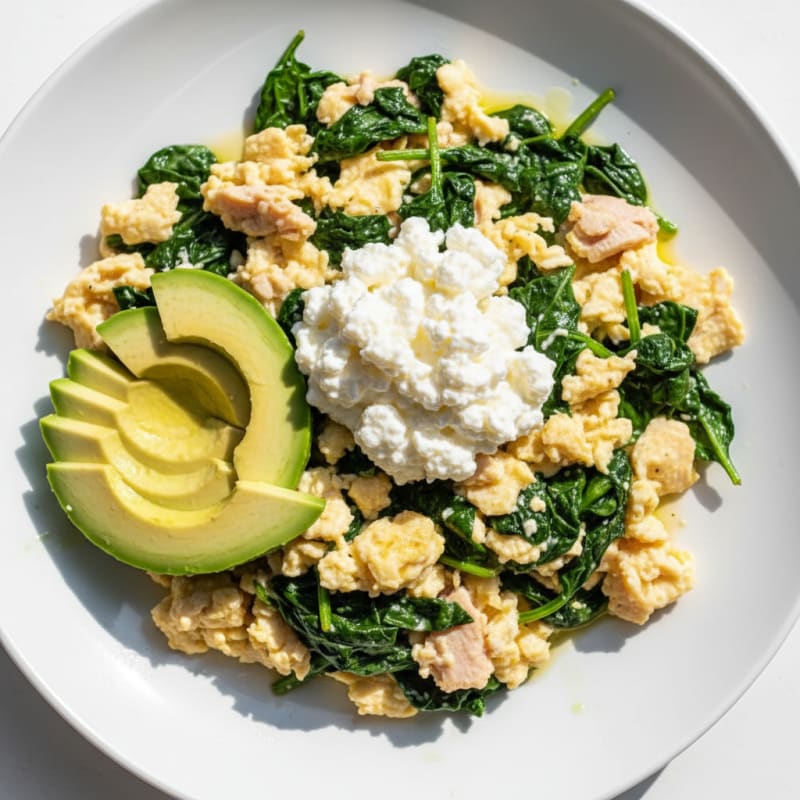 Egg White and Spinach Scramble with Cottage Cheese and Sliced Turkey