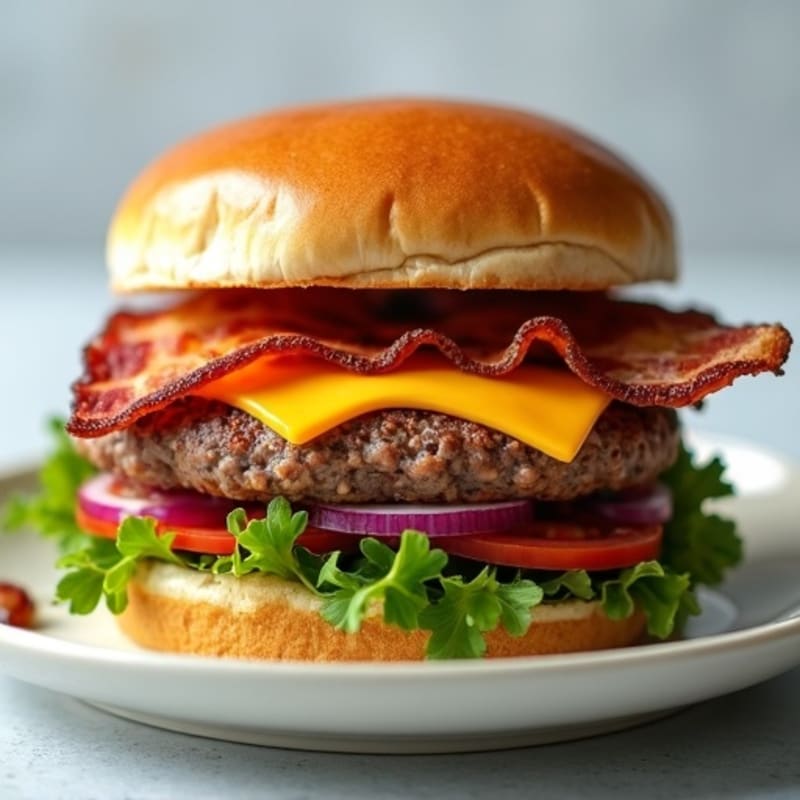 Lean Beef Cheeseburger with Crispy Bacon and Fresh Greens