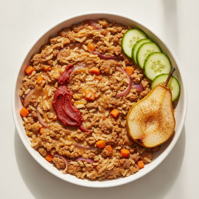 Tangy Turkey & Rice Bake with Cinnamon Pears