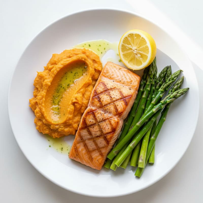 Seared Salmon Fillet with Steamed Asparagus and Sweet Potato Mash