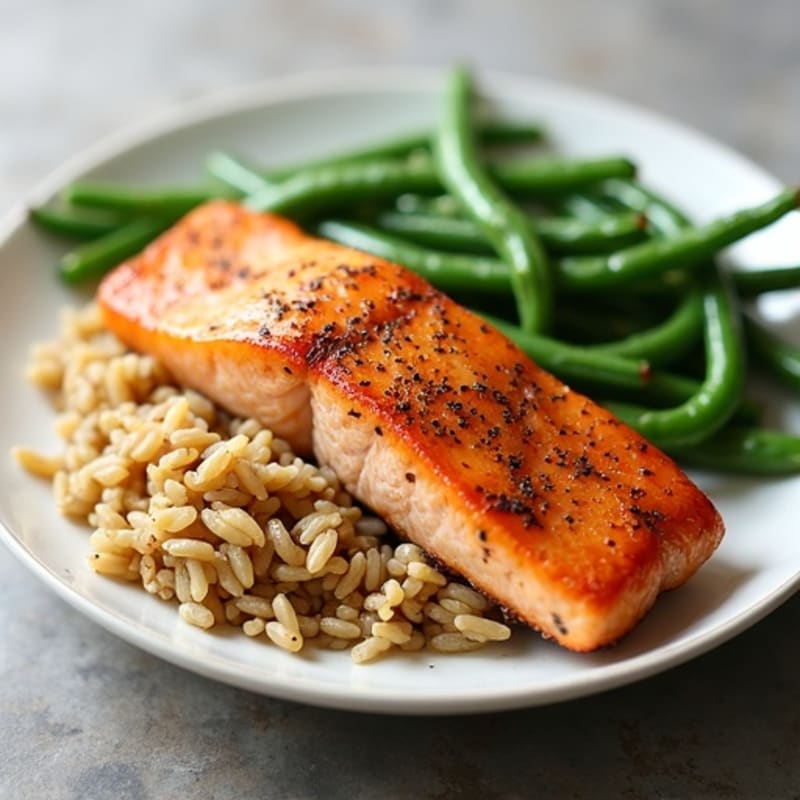 Seared Salmon with Garlic Green Beans and Brown Rice