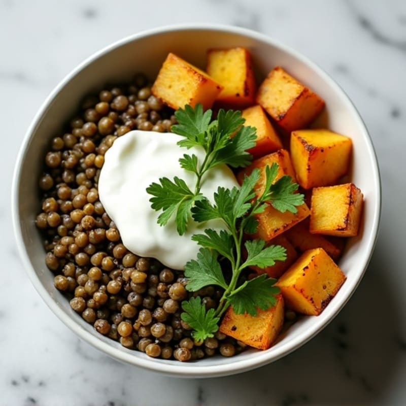 Spiced Lentil and Roasted Potato Bowl with Fresh Cilantro Chutney