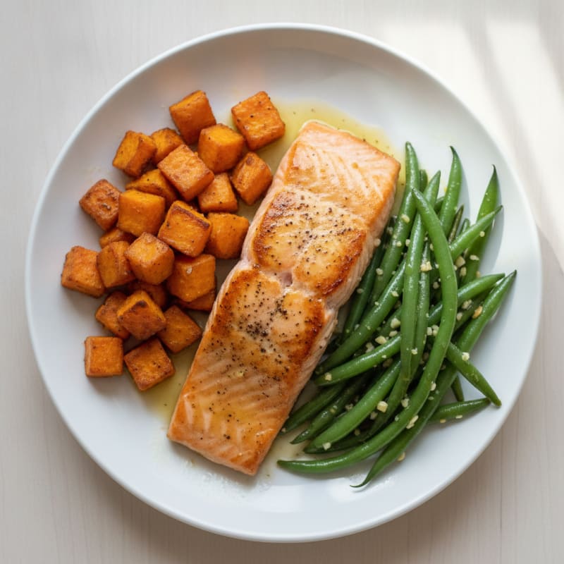 Seared Salmon with Roasted Sweet Potatoes and Garlic Green Beans