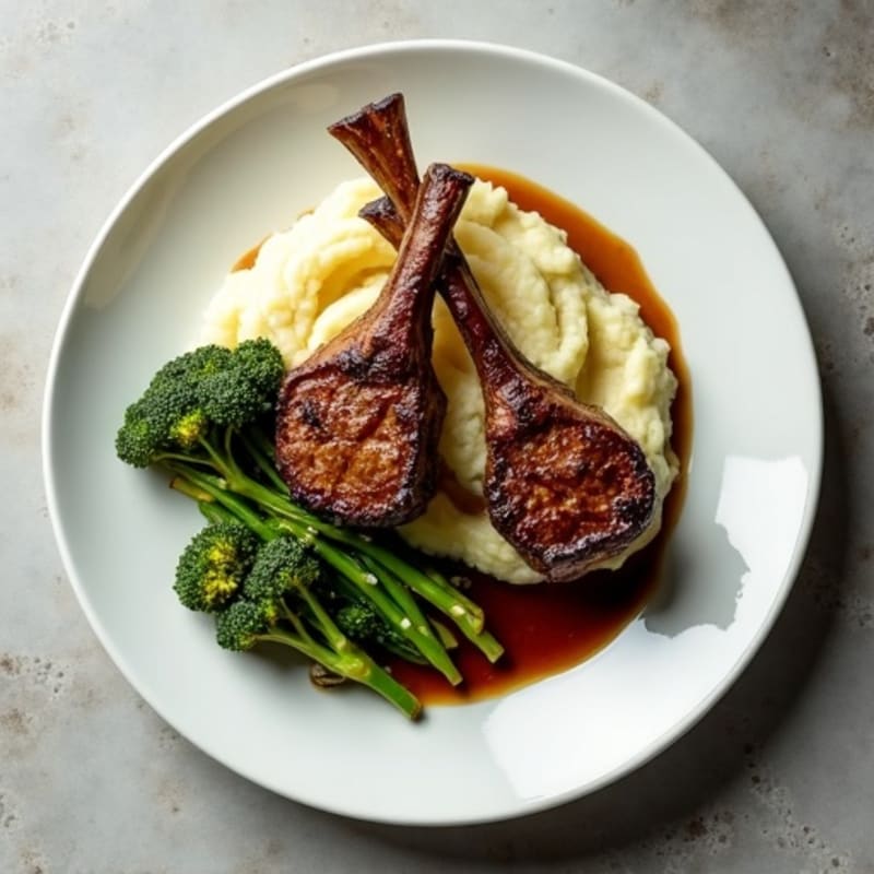 Pan-Seared Lamb Chops with Creamy Mashed Potatoes and Roasted Broccolini