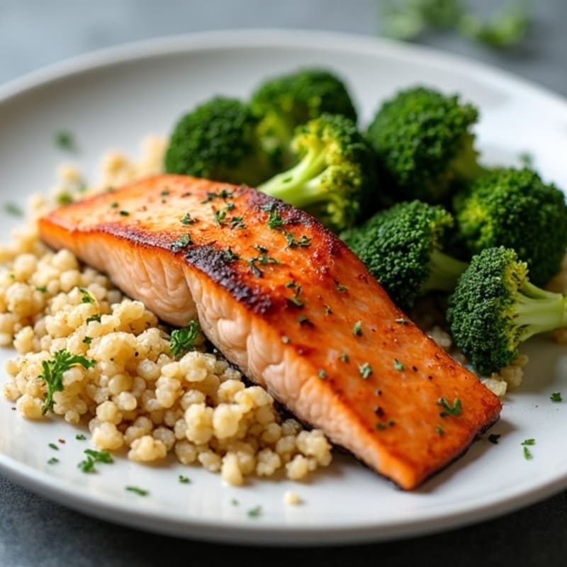 Seared Salmon with Roasted Broccoli and Garlic Quinoa