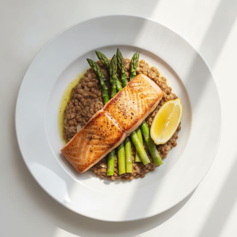 Seared Salmon with Steamed Asparagus and Lentil Mash