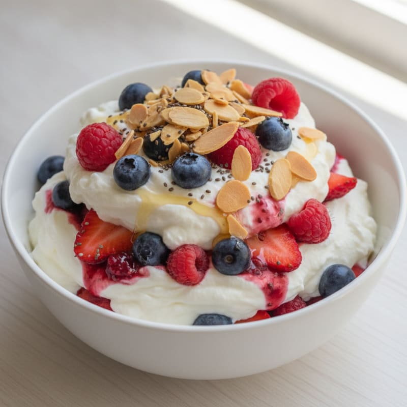 Greek Yogurt Protein Parfait with Mixed Berries and Almonds