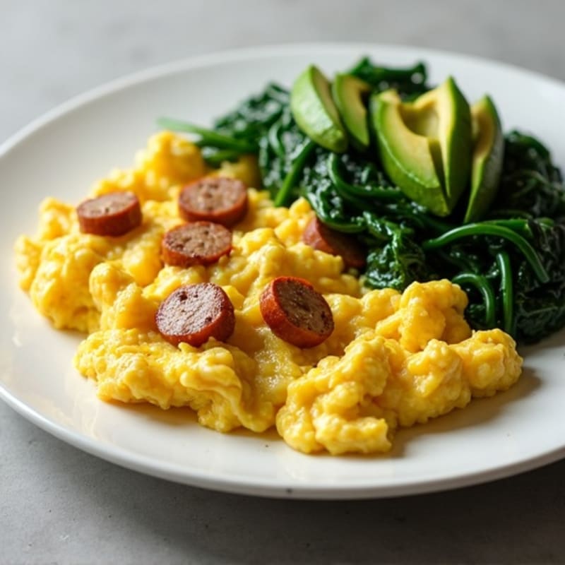 Scrambled Eggs with Turkey Sausage and Sautéed Spinach