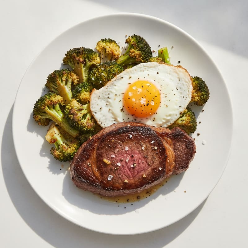 Pan-Seared Steak with Roasted Broccoli and Eggs