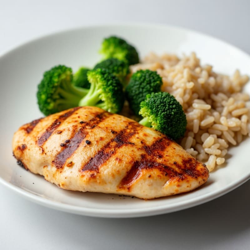 Grilled Chicken Breast with Steamed Broccoli and Brown Rice