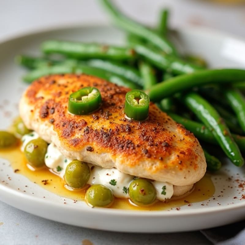 Spicy Creamy Jalapeño Stuffed Chicken Breast with Roasted Green Beans