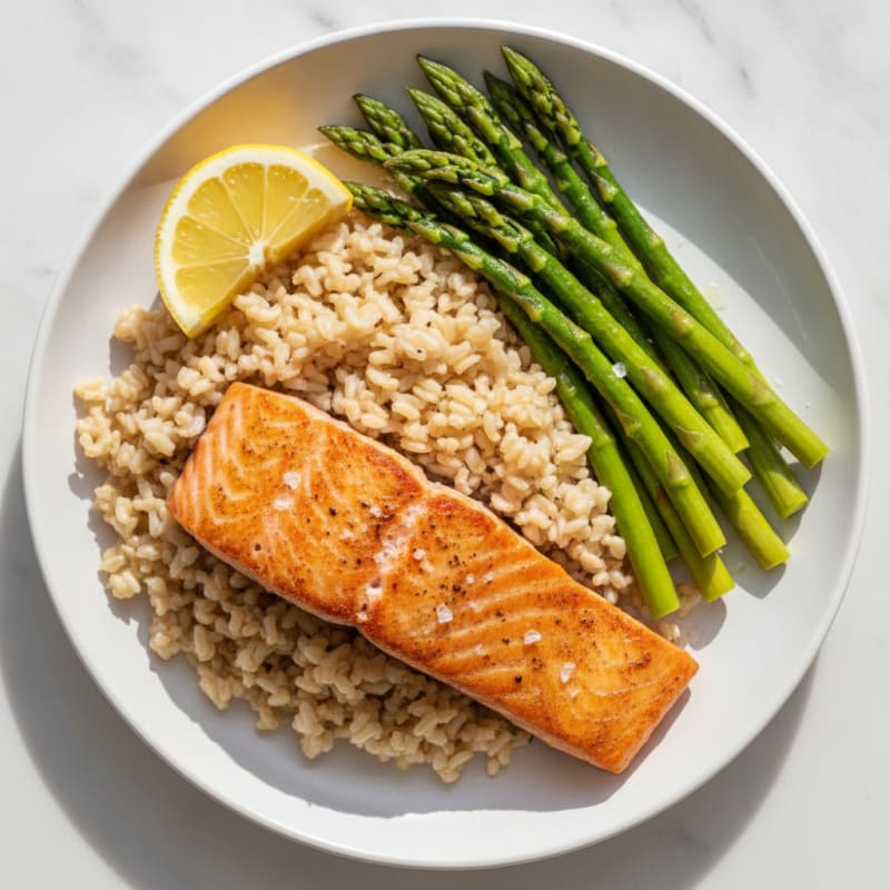 Seared Salmon with Steamed Asparagus and Brown Rice
