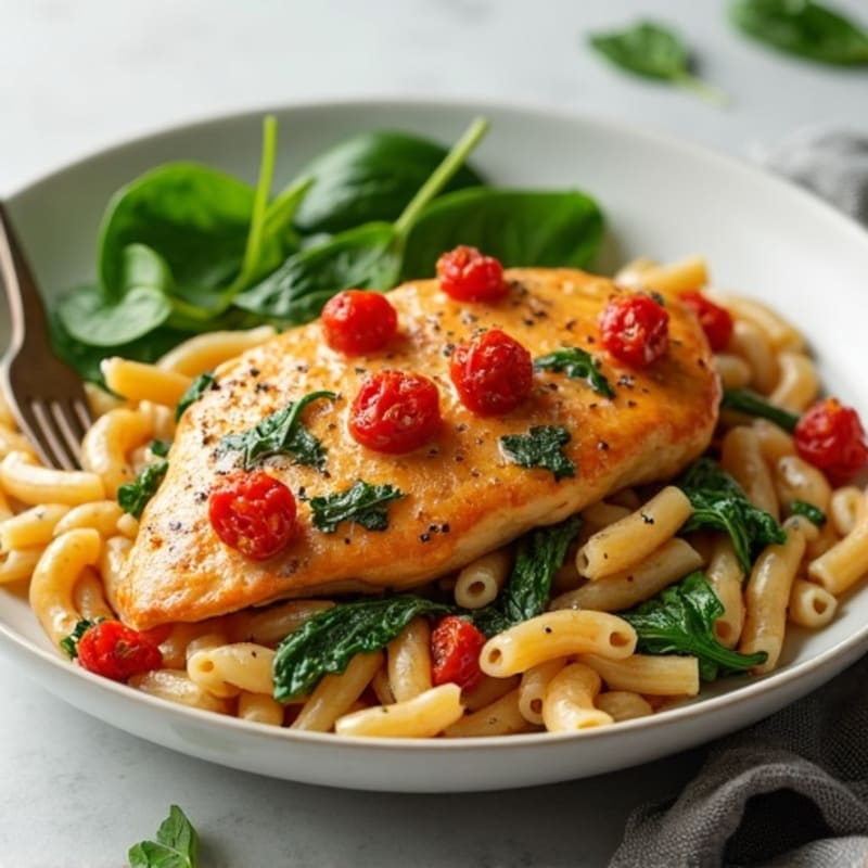 Creamy Sun-Dried Tomato Chicken with Spinach and Whole Wheat Pasta