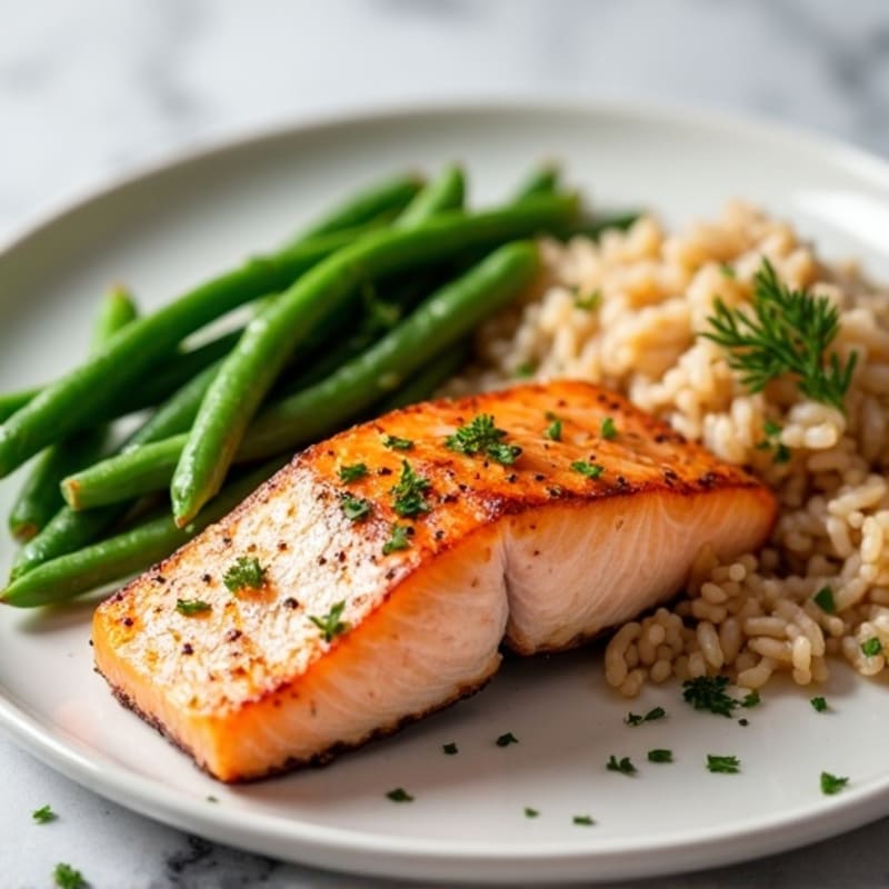 Seared Salmon Fillet with Steamed Green Beans and Brown Rice