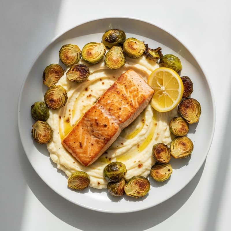 Seared Salmon with Roasted Brussels Sprouts and Cauliflower Mash