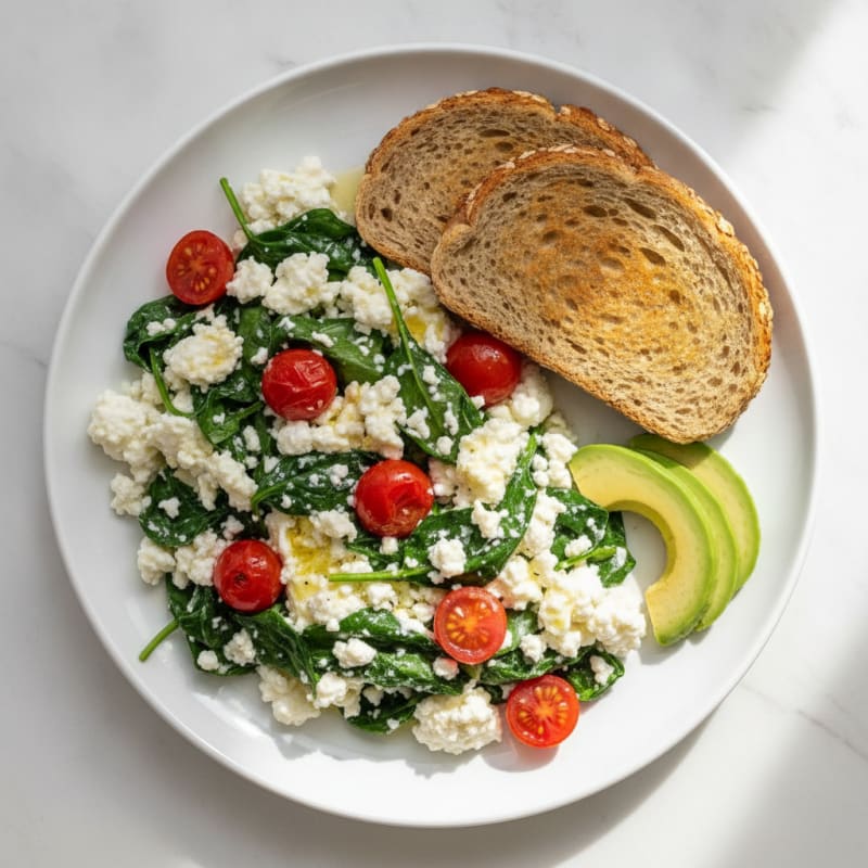 Egg White Spinach Scramble with Cottage Cheese and Cherry Tomatoes