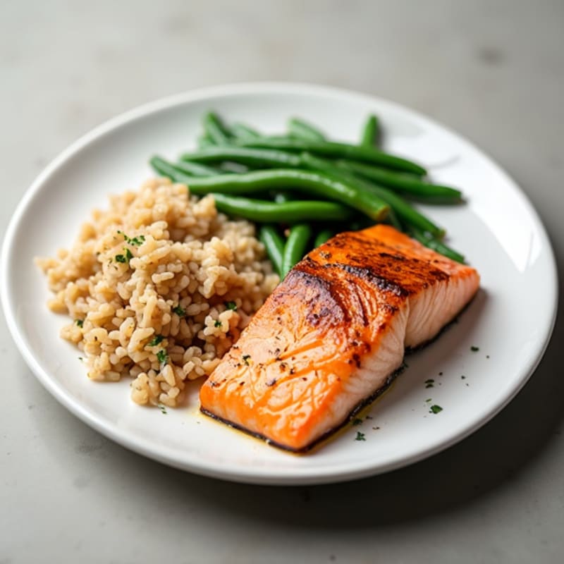 Seared Salmon with Garlic Green Beans and Brown Rice