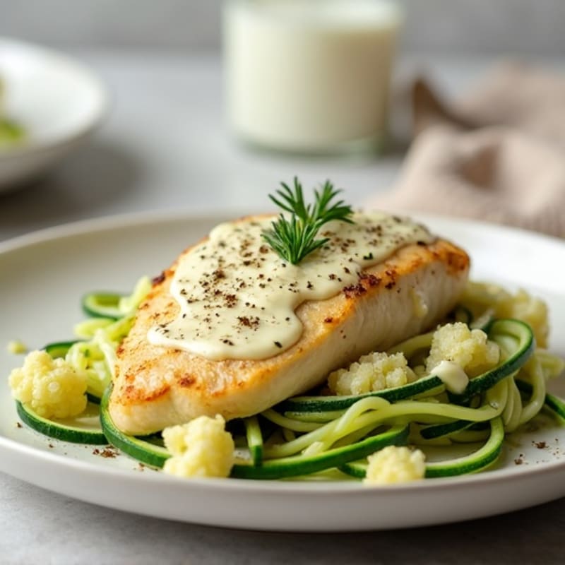 Creamy Cauliflower Alfredo Chicken with Zucchini Noodles