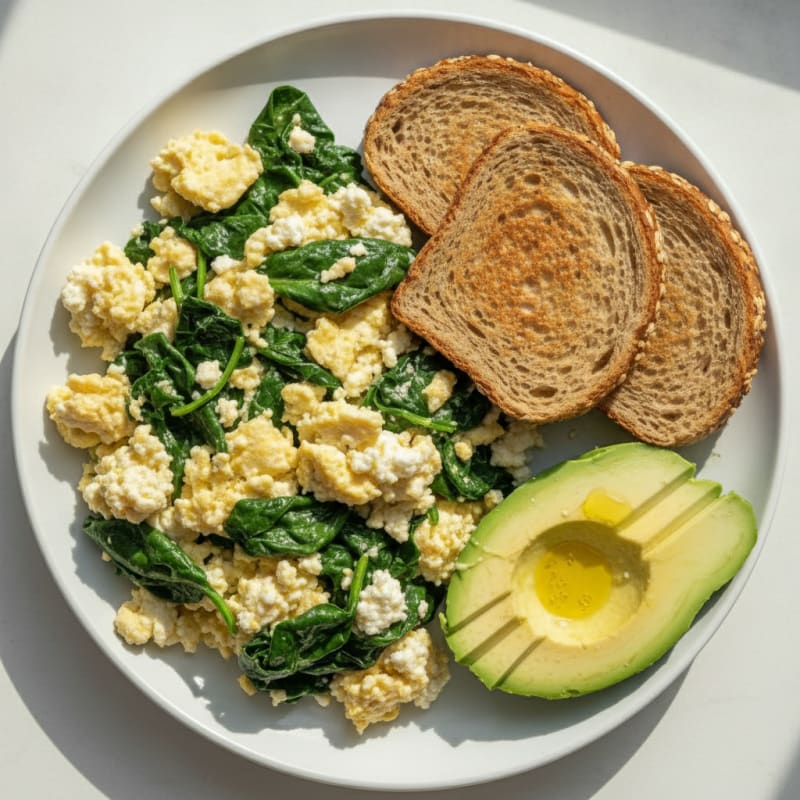 Scrambled Eggs with Cottage Cheese and Sautéed Spinach