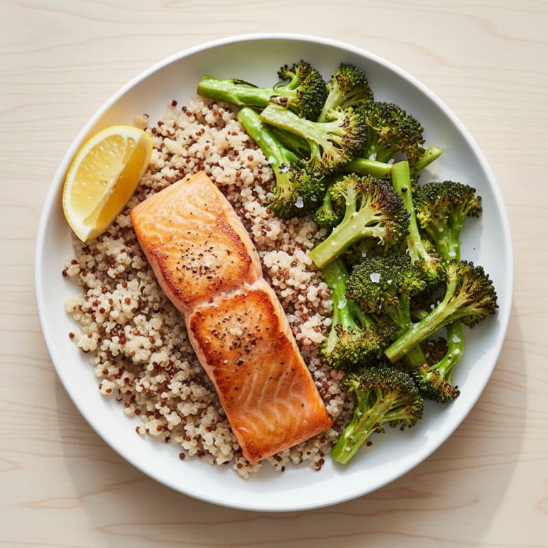 Seared Salmon with Roasted Broccoli and Quinoa