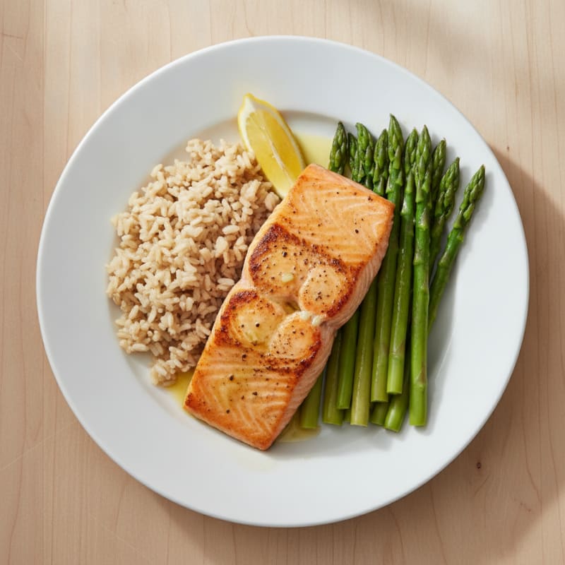 Seared Salmon Fillet with Steamed Asparagus and Brown Rice