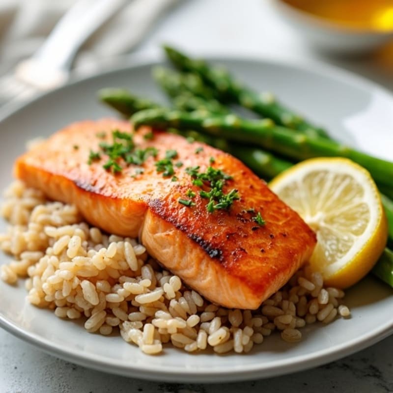 Seared Salmon with Steamed Asparagus, Brown Rice & Egg White Boost