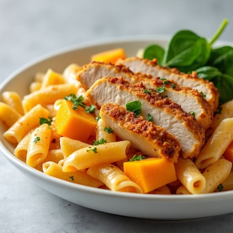 Creamy Butternut Squash Pasta with Crispy Chicken