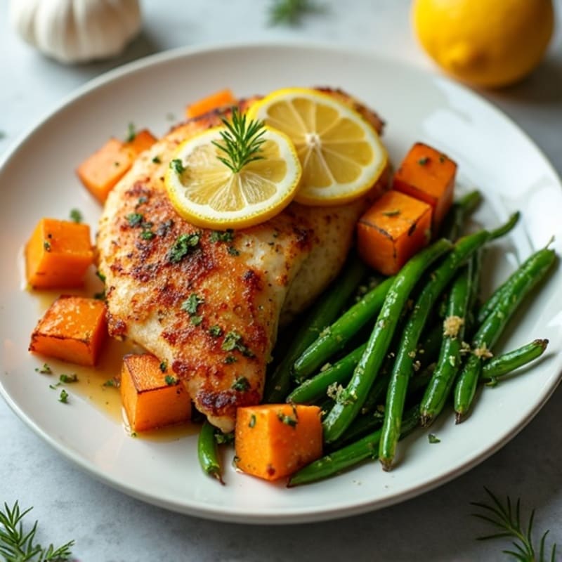 Crispy Lemon-Herb Baked Chicken with Roasted Sweet Potatoes and Tender Green Beans