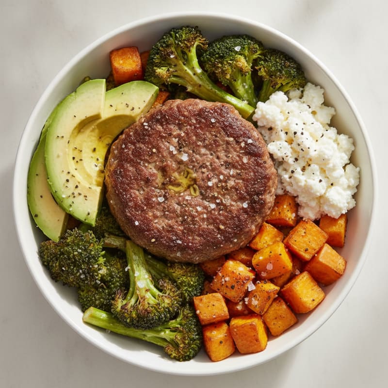 Beef Burger Bowl with Roasted Vegetables