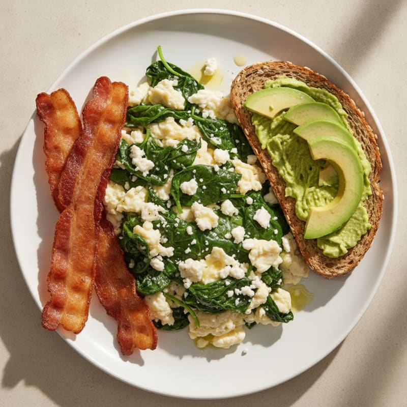 Crispy Turkey Bacon and Egg White Scramble with Spinach and Feta