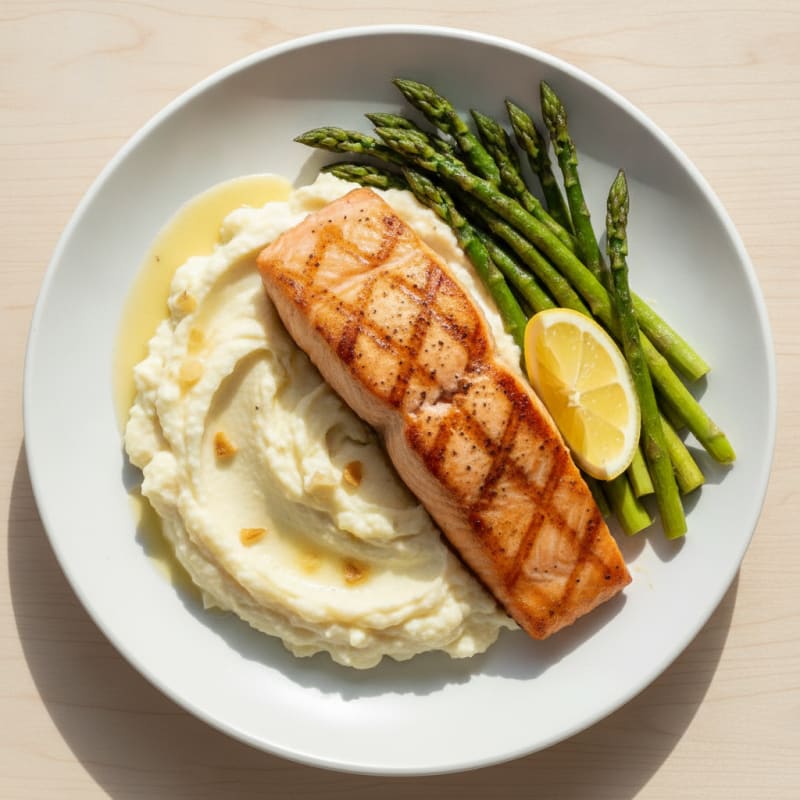 Seared Salmon with Creamy Garlic Cauliflower Mash and Roasted Asparagus