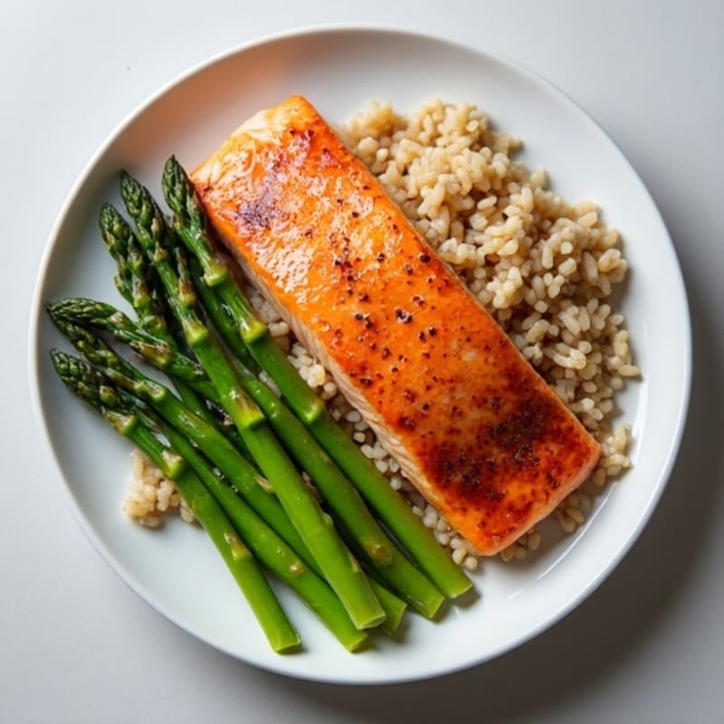 Seared Salmon with Steamed Asparagus and Brown Rice
