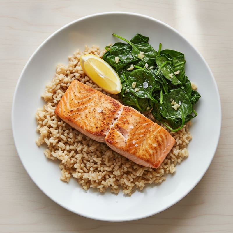 Seared Salmon with Garlic Spinach and Brown Rice
