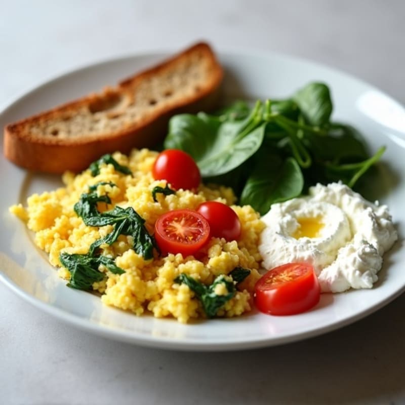Egg White and Spinach Scramble with Cottage Cheese and Cherry Tomatoes