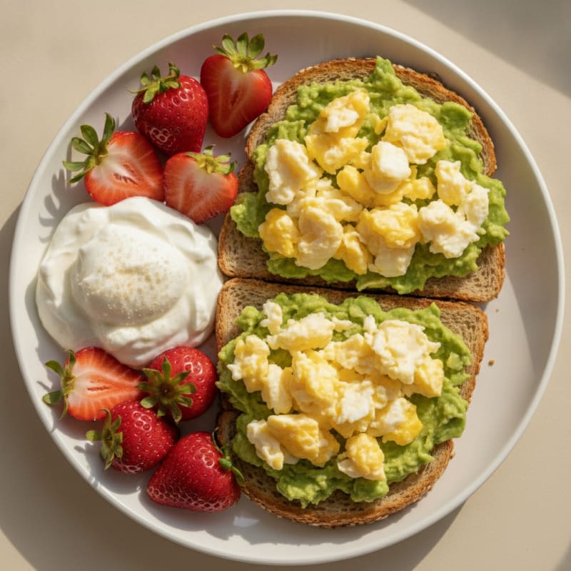 Egg and Avocado Toast with Fresh Strawberries