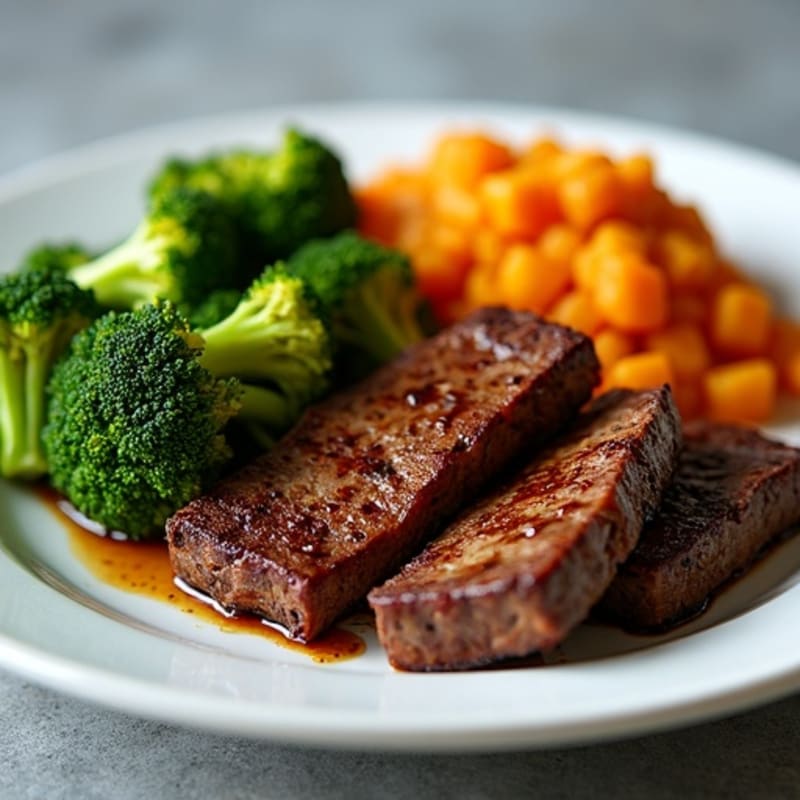 Seared Lean Beef Strips with Roasted Broccoli and Sweet Potato