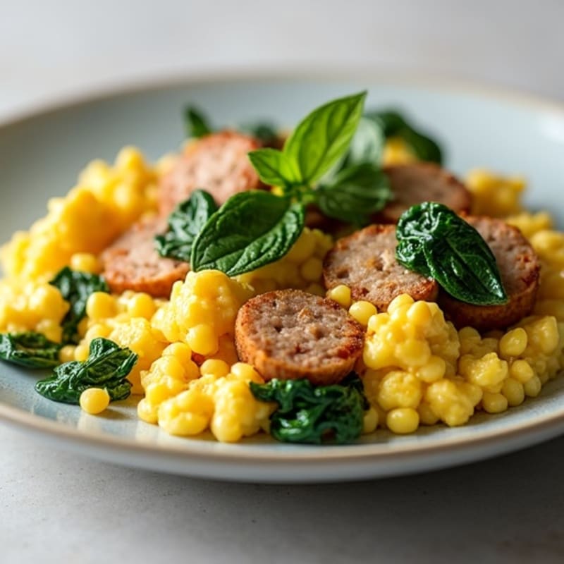 Egg White Scramble with Turkey Sausage and Sautéed Spinach